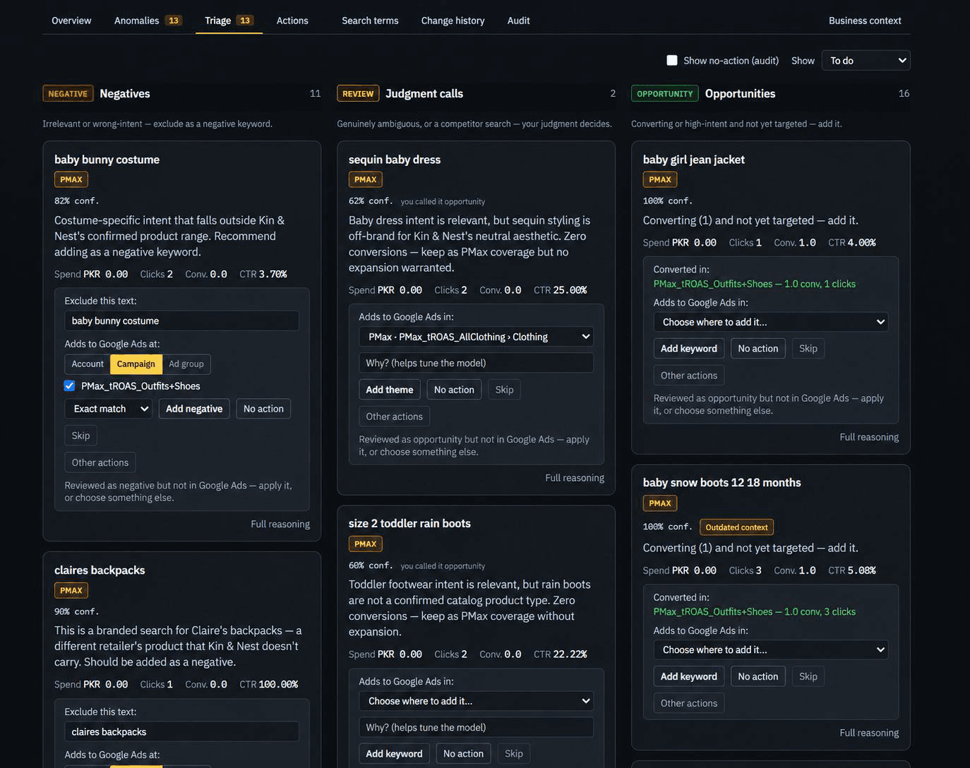 The Adintel search term triage screen for Kin & Nest, with terms sorted into negatives, judgment calls and opportunities.