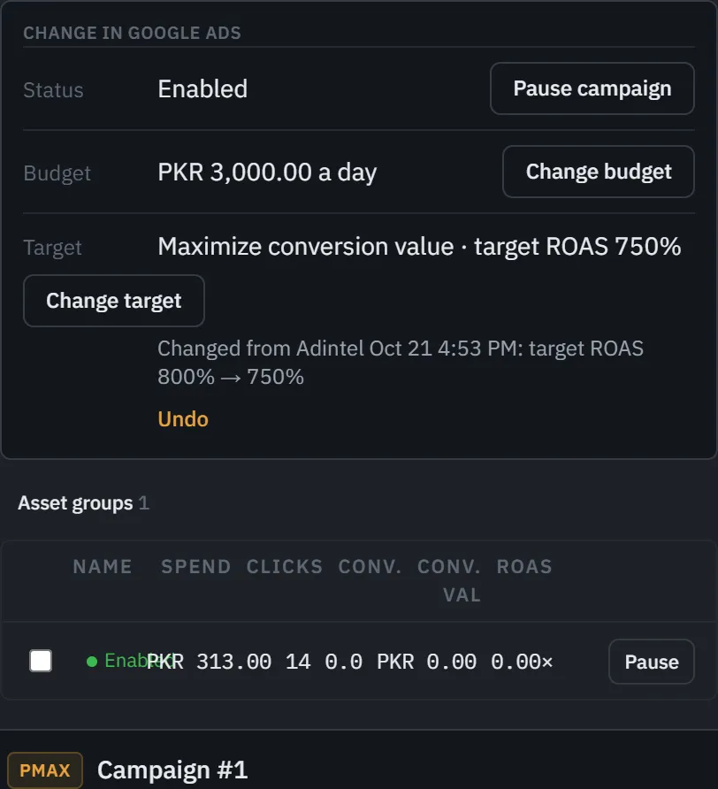 Pause campaign chosen on Kin & Nest, and the confirm with the campaign as it is and as it will be.