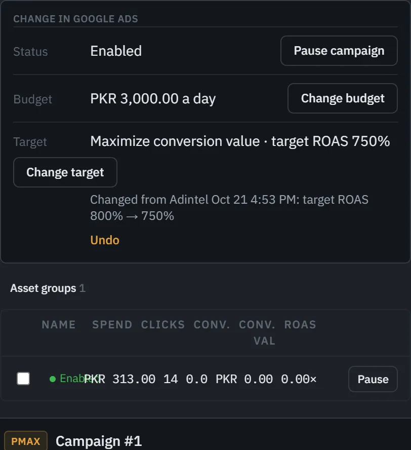 Undo chosen on a target Adintel changed on Kin & Nest, and the confirm that puts the old target back.