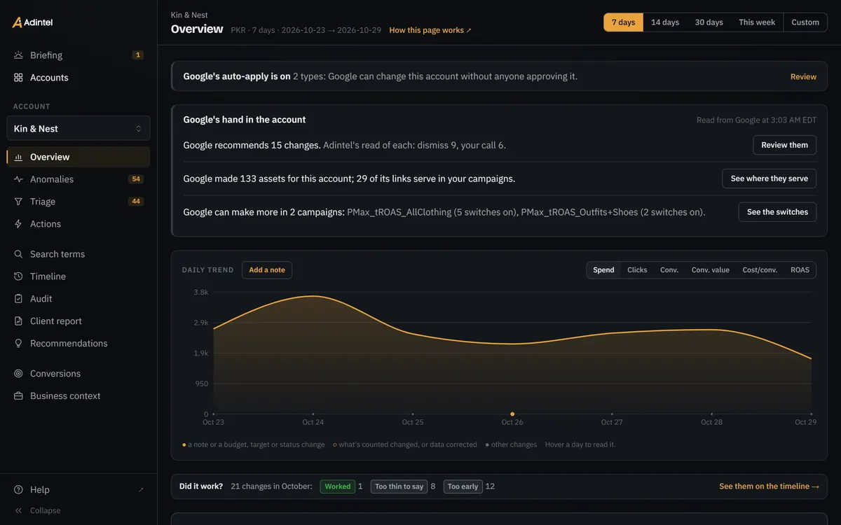 The demo account’s Overview: Google’s auto-apply caution and Google’s hand, the daily trend, this month’s verdicts and targets, and the campaigns.