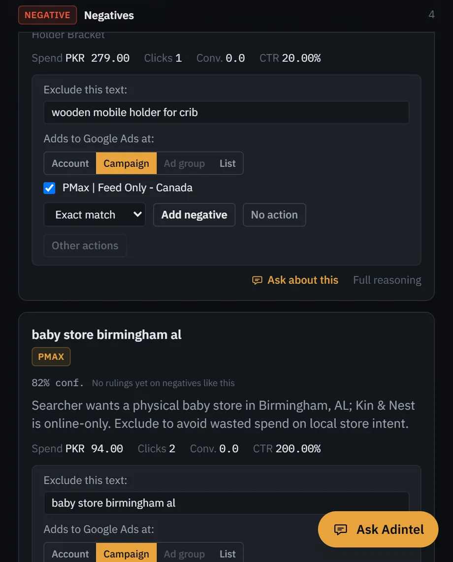 Ask about this chosen on a search term’s card, and the chat opened with the card attached.