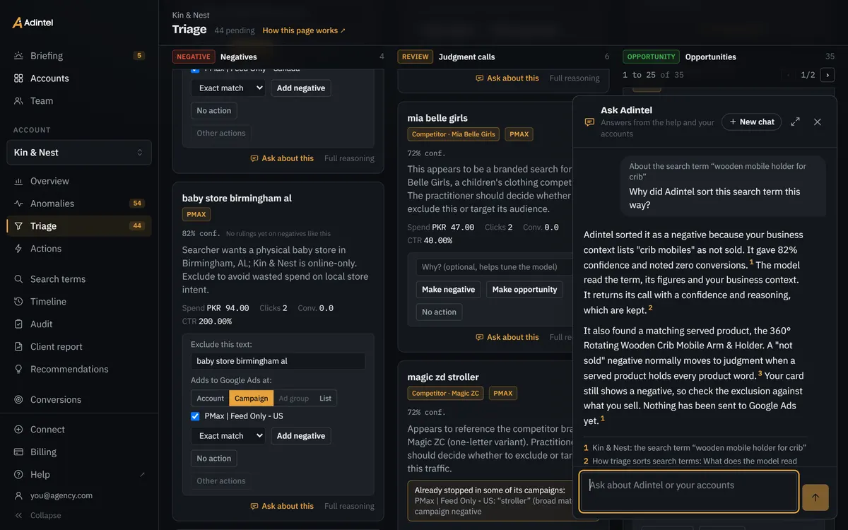 Ask Adintel open beside Kin & Nest’s Triage: a question about a search term’s card and its answer, with numbered sources.