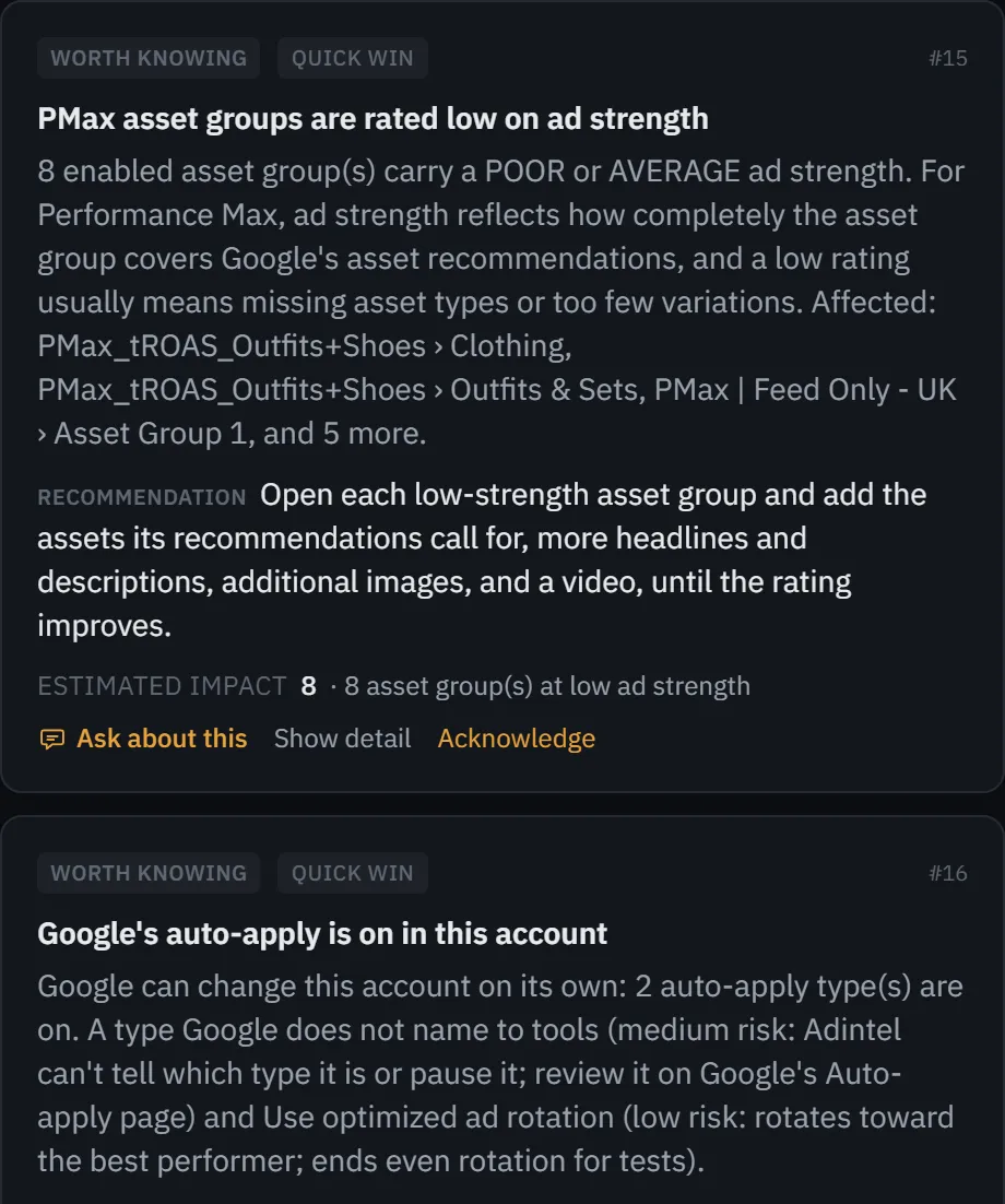 A finding on the demo account’s audit with Show detail opened, listing what is behind it.