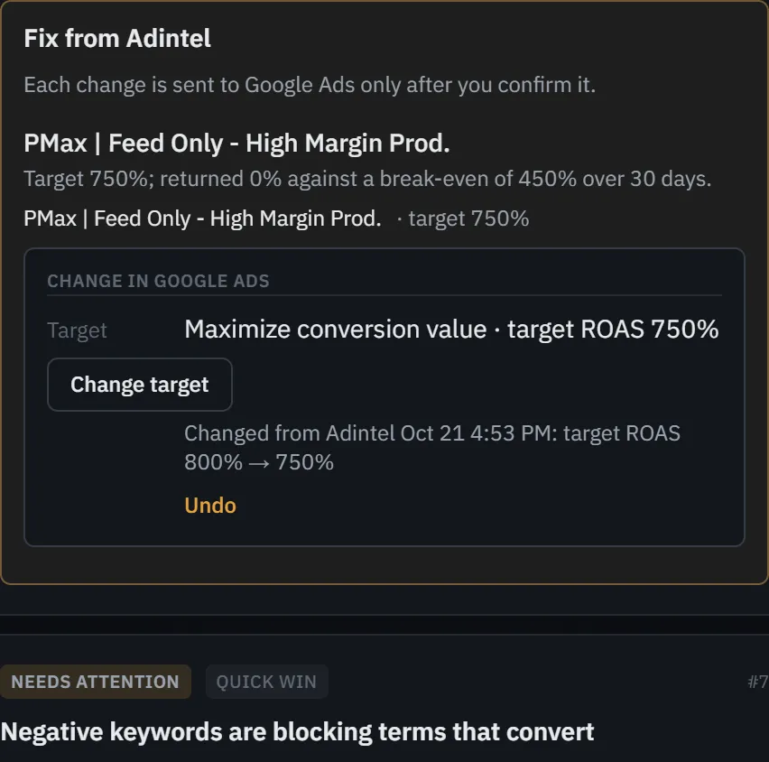 A finding’s fix on the demo account’s audit with Change target opened: a field for the new target, and Review the change, which checks it with Google.