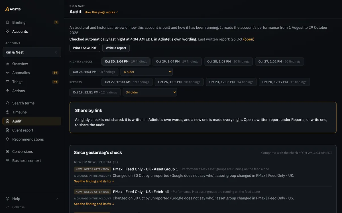 The demo account’s audit: the nightly checks, what changed since yesterday’s check, and the quick wins with their fixes.