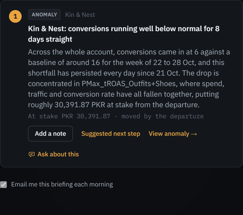 A briefing item on the demo account, a drop in conversions, with its suggested next step opened.