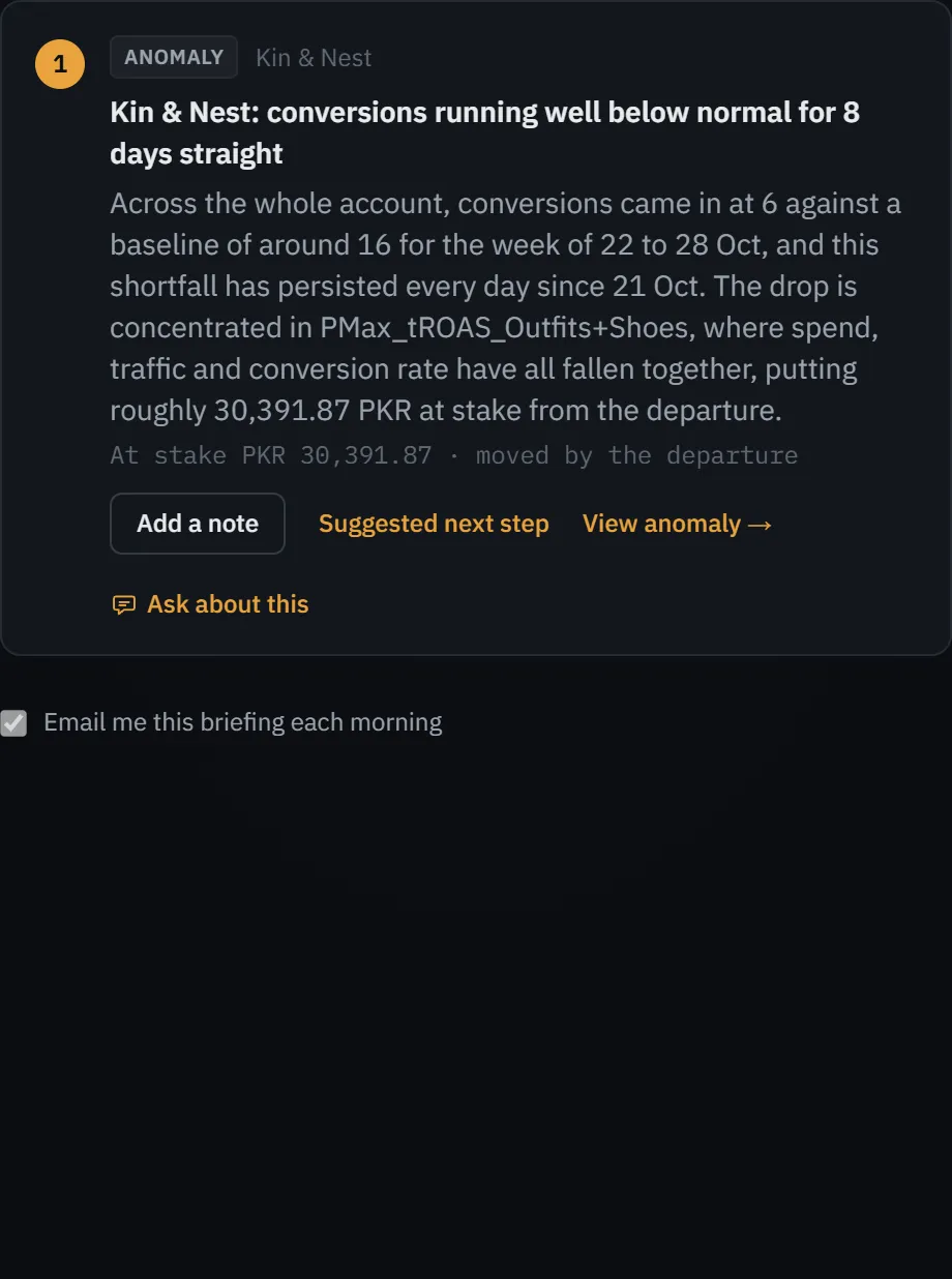 A briefing item on the demo account with Add a note opened: the day it happened, what happened, and whether it changed what counts as a conversion.