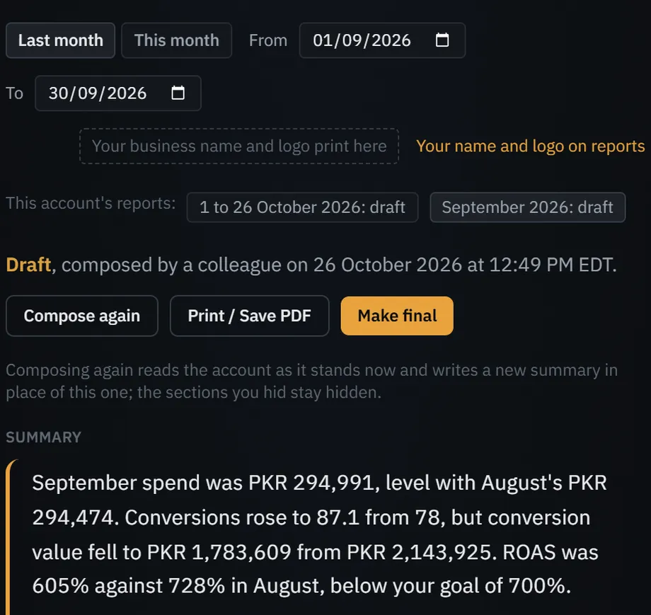 The demo account’s client report with Your name and logo on reports opened: a business name and a logo, set once.