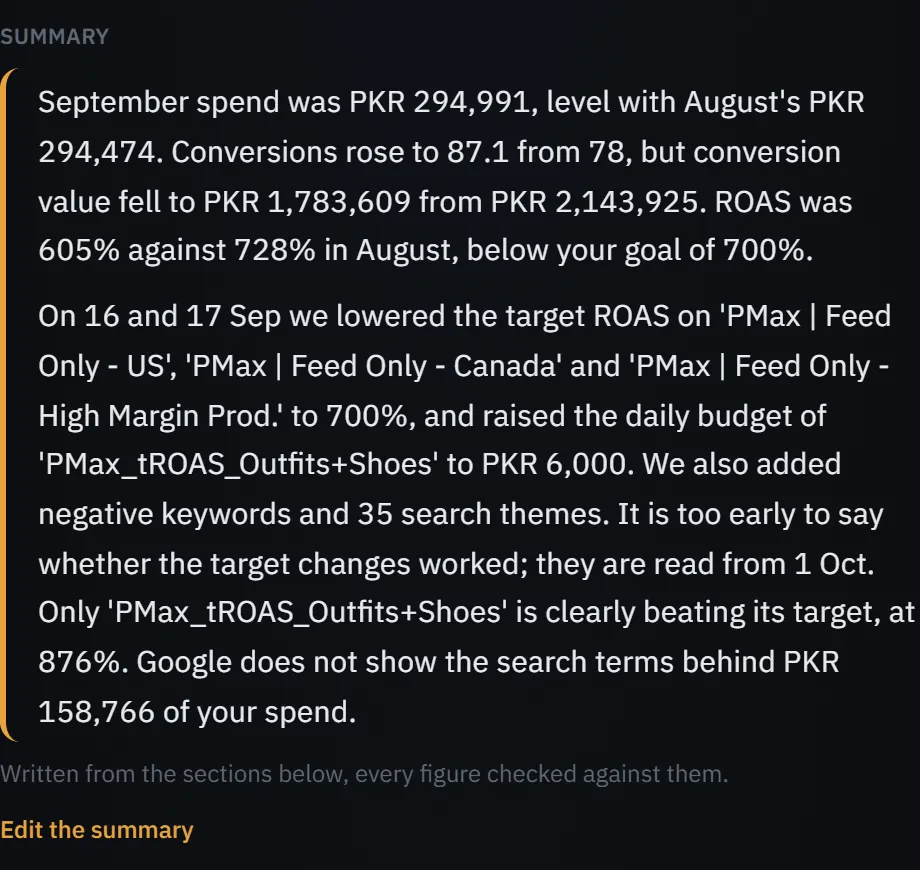 A client report’s summary on the demo account, opened to edit.