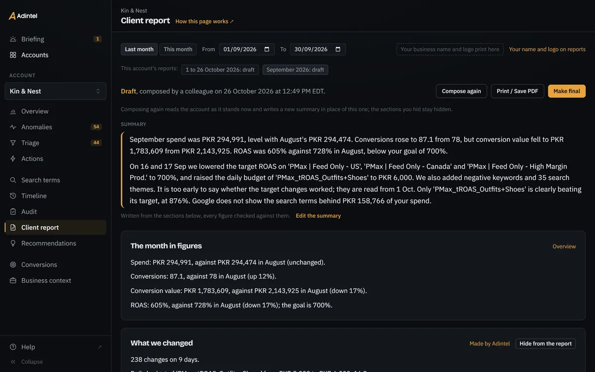 A month’s client report on the demo account: its summary, the month in figures and what we changed.