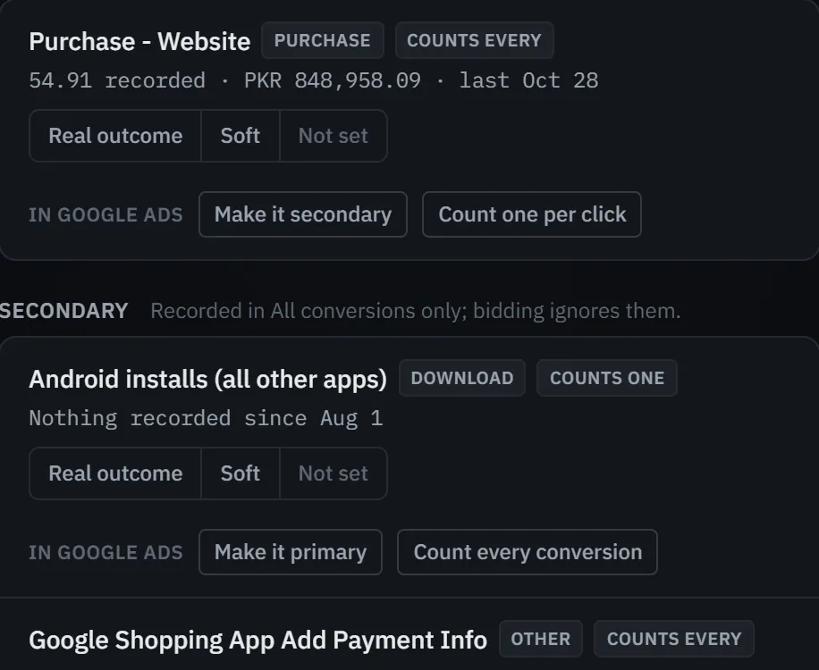 Make it secondary chosen on a conversion action, and the confirm naming the campaigns that bid on conversions.