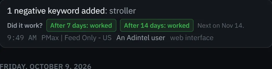 A negative keyword on the demo account’s Timeline with its verdict opened: what the searches it stops spent before and after.