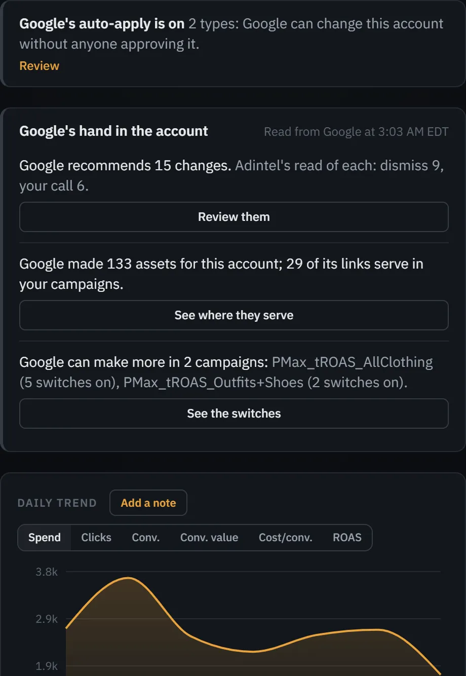 The demo account’s Overview with the auto-apply caution opened: each type Google has on, its risk, and Pause.