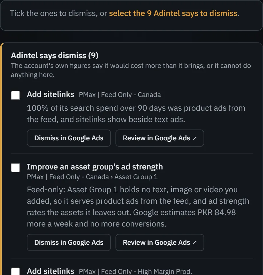 The demo account’s Recommendations with every one Adintel says to dismiss selected at once.