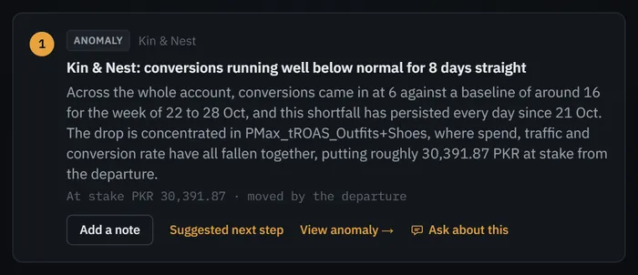 An item in the demo account’s morning briefing: what happened, why it matters and the money at stake.