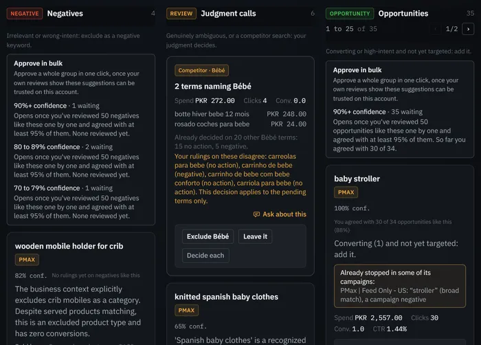 The demo account’s Triage: negatives, judgment calls and opportunities in three columns.