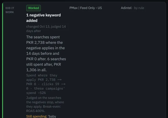 A change on the demo account’s Timeline with its verdict and the figures behind it.