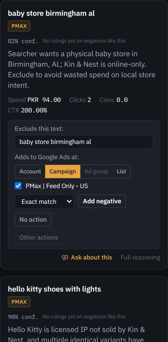 A card on the demo account, a search for a local baby store, with its full reasoning opened.