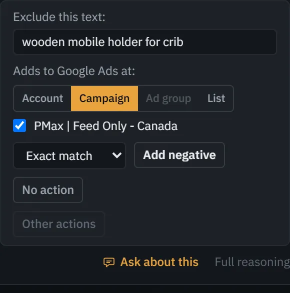 A negative on the demo account moved from its campaign to a negative keyword list, then set to phrase match.