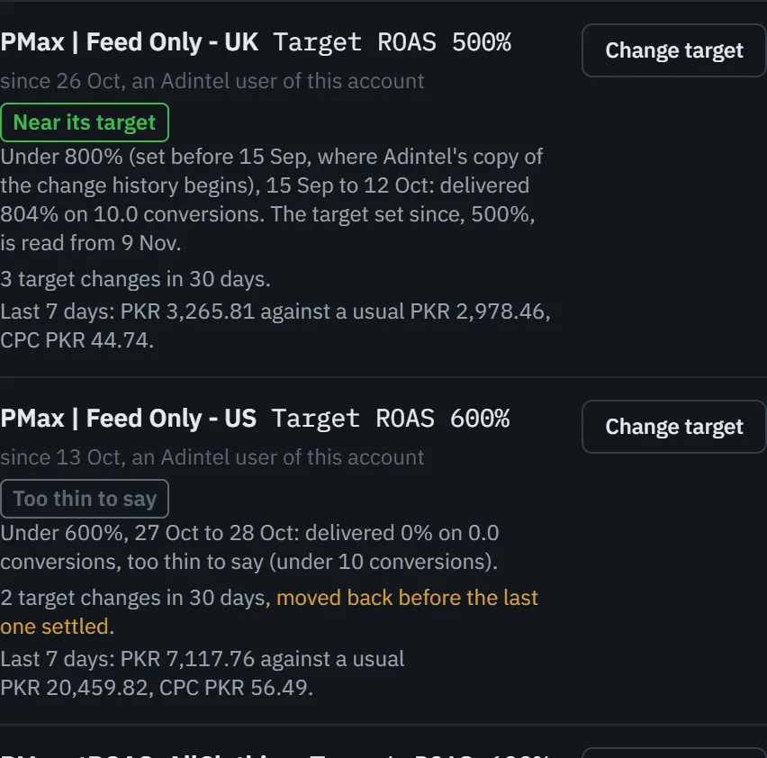 A campaign near its target on the demo account, its target control opened with the box empty.