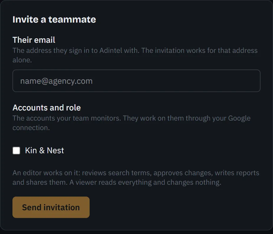 The Team page’s invitation form with an account ticked and its role chosen.