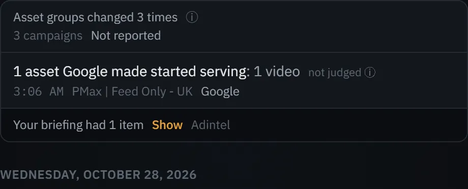A day on the demo account’s Timeline with what Adintel found that day opened.